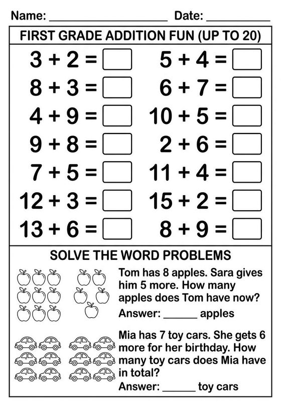 Addition to 20 worksheet preview
